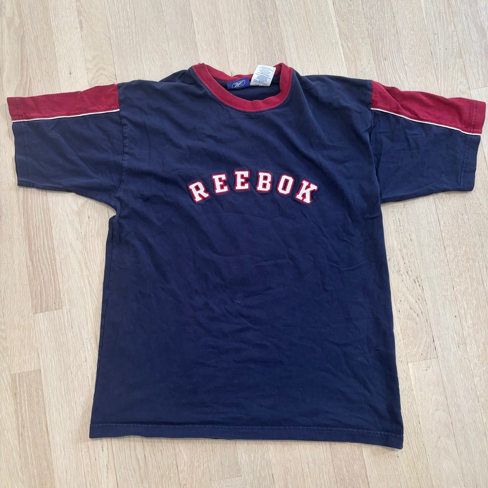 Reebok T-Shirt Mens Large Navy Blue Red Excellent Vintage Spellout Logo Tee